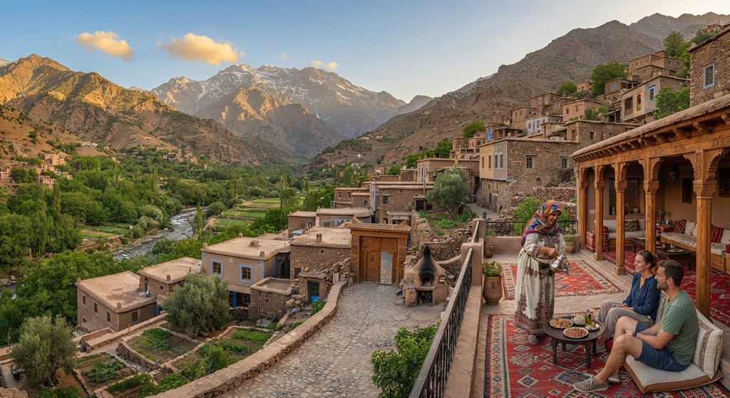 Students enjoying traditional mint tea on a Berber village terrace retreat in the High Atlas Mountains with snow-capped peaks