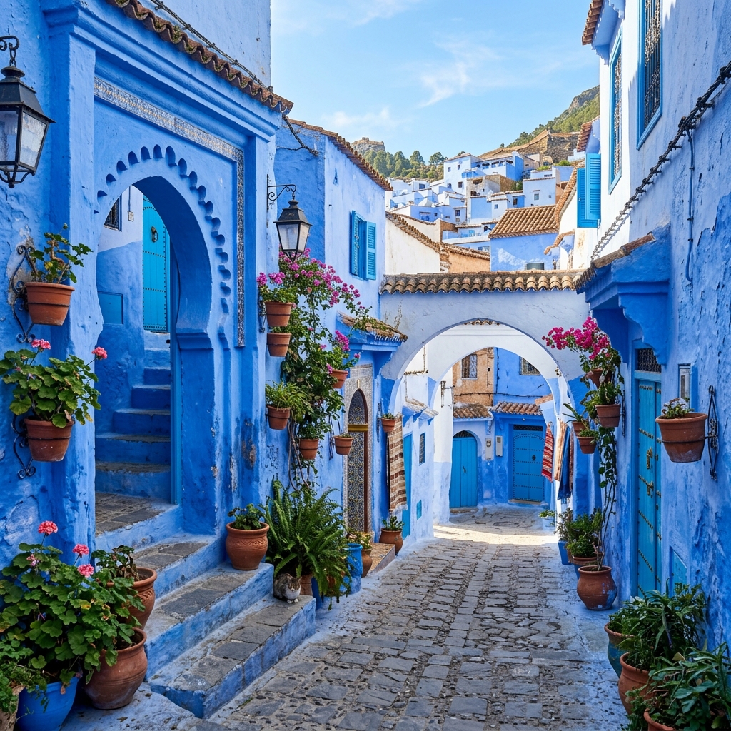 Stunning blue painted streets and arches of Chefchaouen Medina