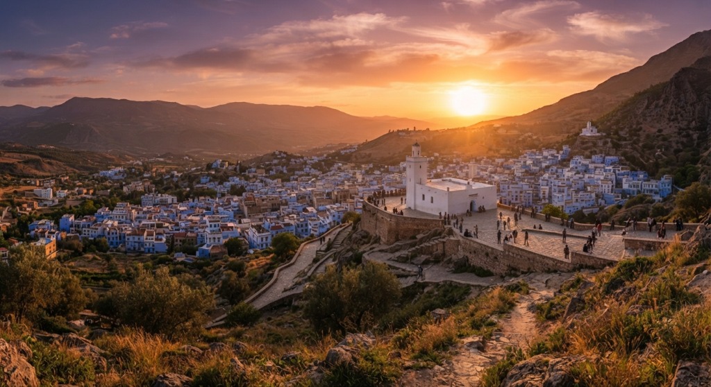 Golden sunset view from the Spanish Mosque overlooking the blue medina of Chefchaouen