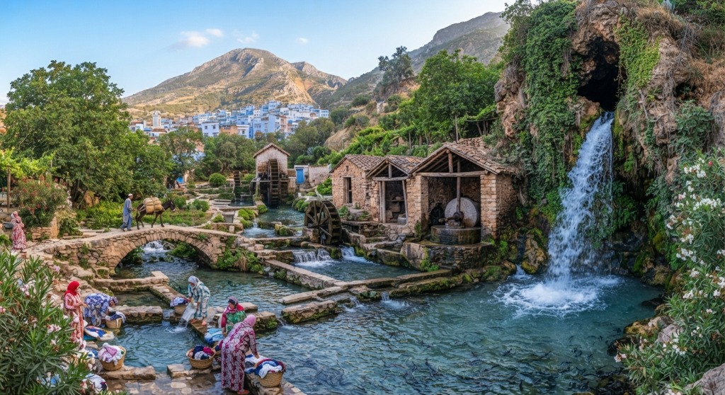 Ras El Ma mountain spring waterfall, traditional water mills, and local daily life in Chefchaouen