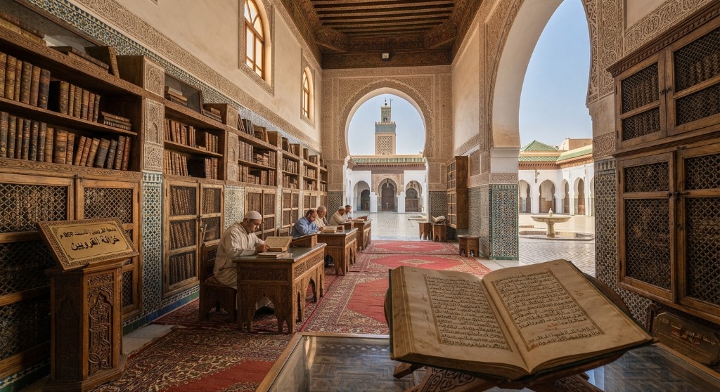 Scholars reading ancient Arabic manuscripts inside the Al-Qarawiyyin University library overlooking the minaret