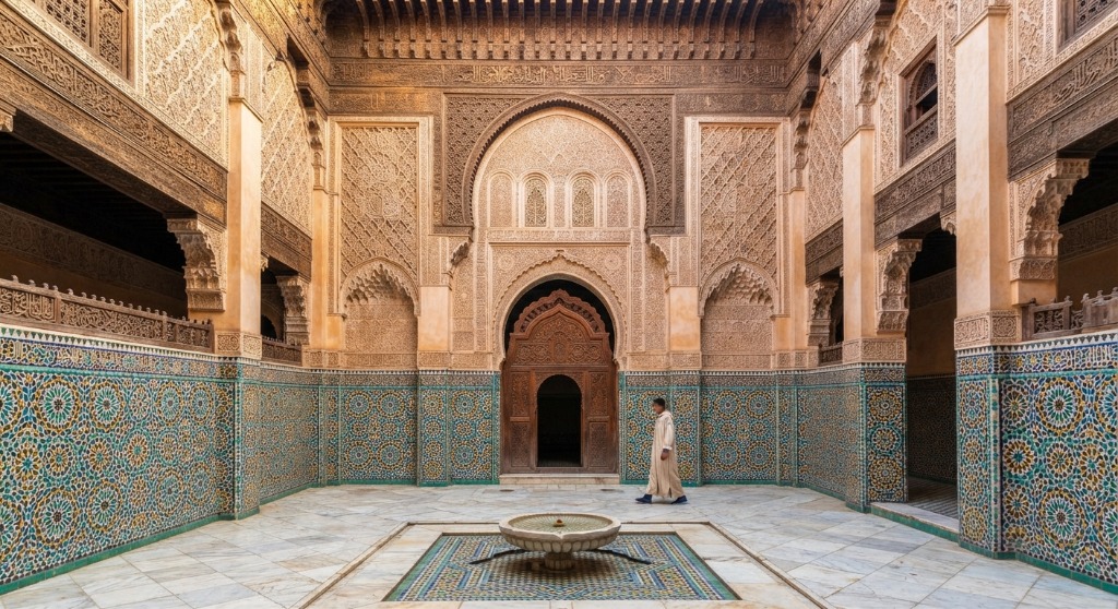 Stunning traditional zellij tilework, carved stucco arches, and courtyard fountain inside a historic Fes Madrasa