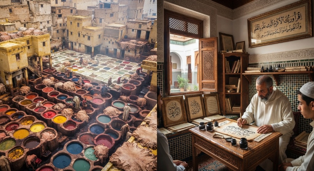 Chouara Tannery stone dye pits alongside a traditional Arabic calligraphy master teaching inside a Fes workshop