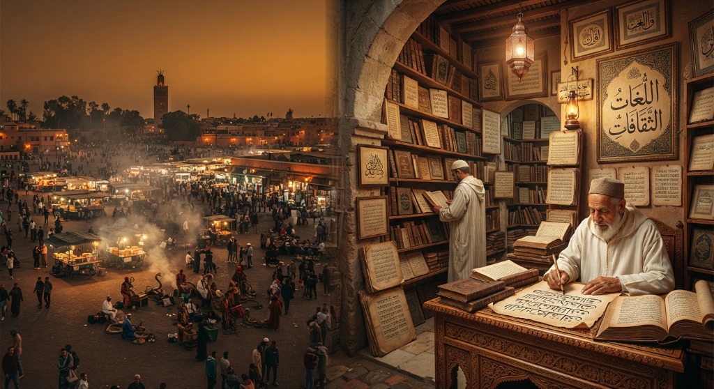Vibrant Jemaa el-Fnaa medina square at dusk alongside a traditional Moroccan manuscript scholar in a Marrakech library