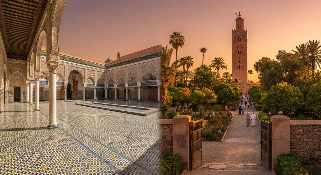 Ben Youssef Madrasa zellij courtyard tilework and iconic Koutoubia Mosque minaret rising over Marrakech sunset gardens