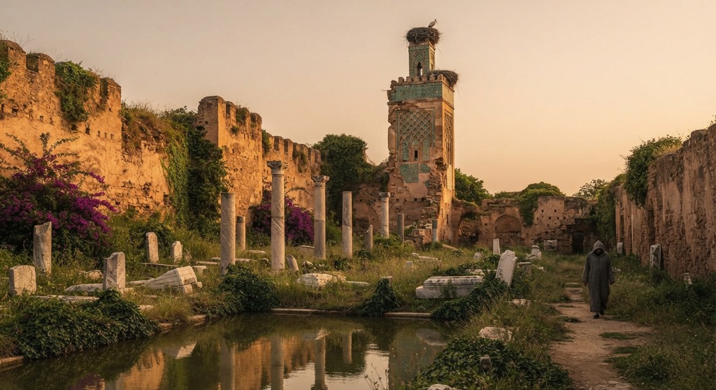 Chellah ancient roman and islamic necropolis with stork nest minaret