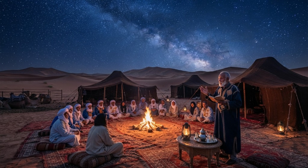Students gathered around a starlight campfire under the Milky Way practicing Arabic poetry with a traditional desert nomad storyteller