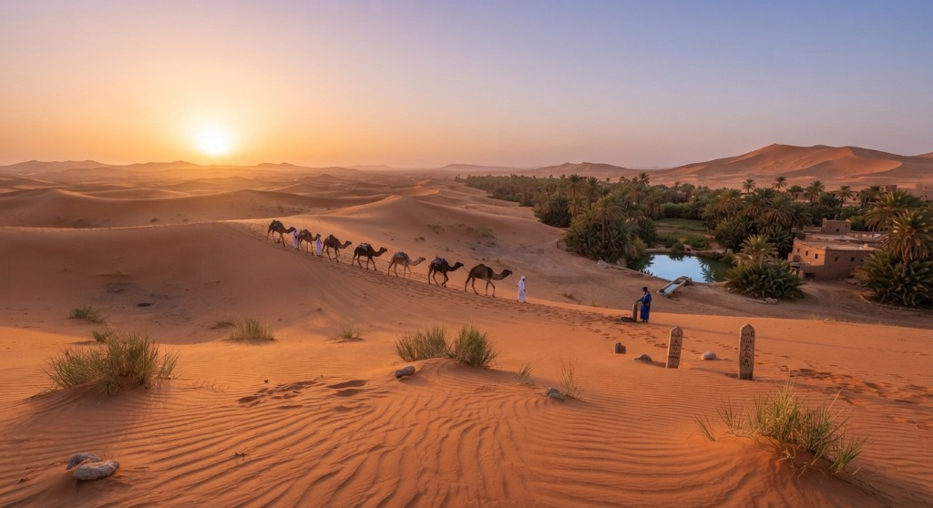 Camel caravan trekking across the Erg Chebbi sand dunes beside a serene desert palm oasis at golden hour
